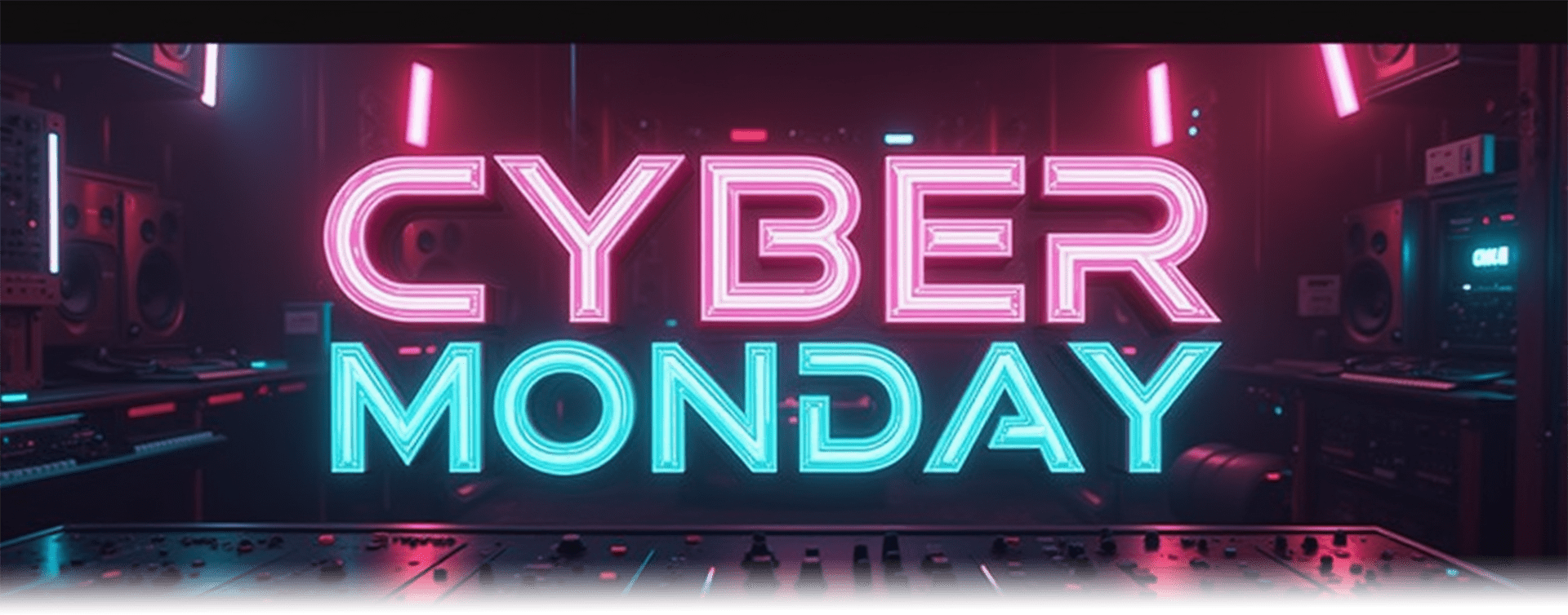 cyber monday logo in sci fi font neon cyberpunk music studio backdrop ucmkzoczssnzxoff min